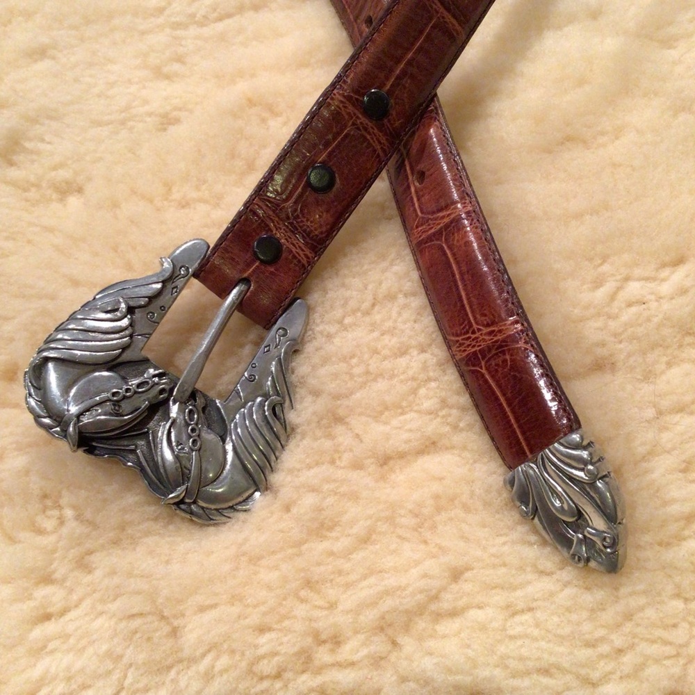 Vintage Hartnell alligator pattern brown leather belt